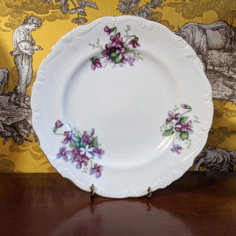 Charming mid-century collectible Violet themed porcelain plate gold rim ca 1940